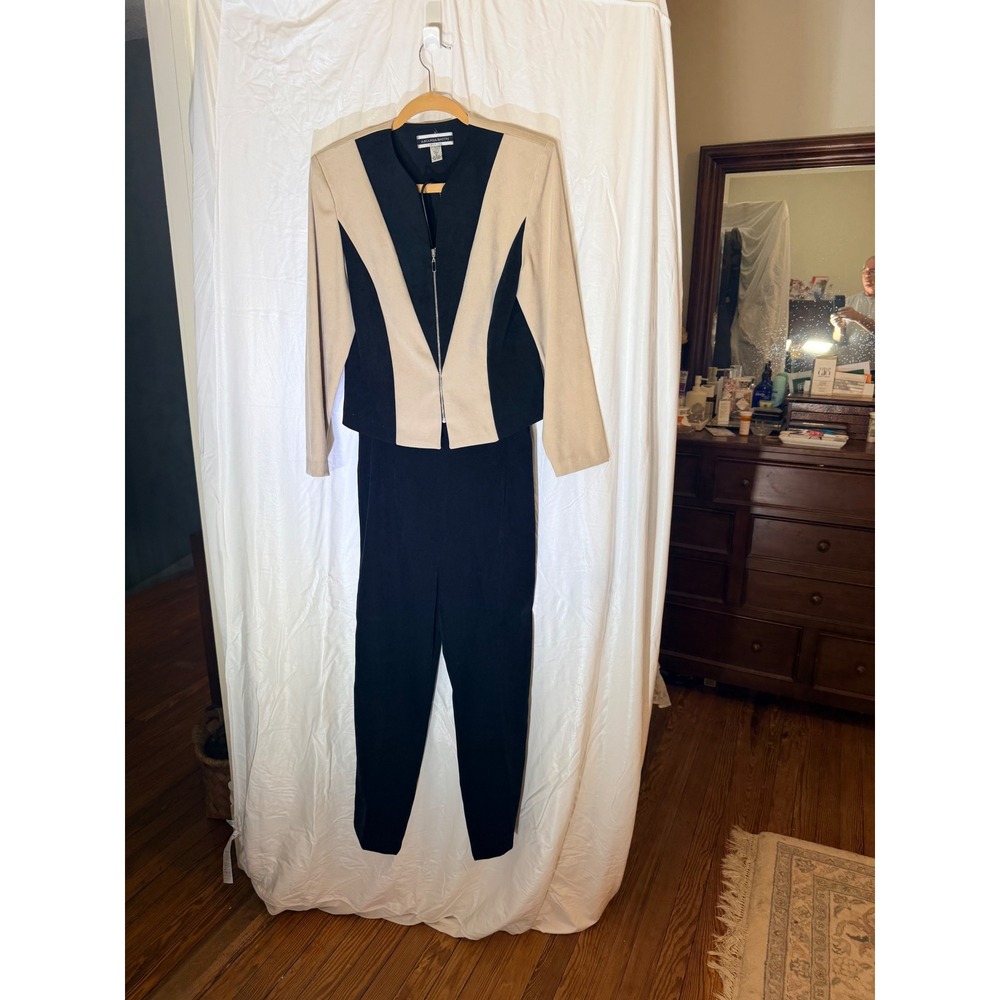 Amanda Smith Women Black Tan Color Block Zip Jacket Pant Suit Set Size 6